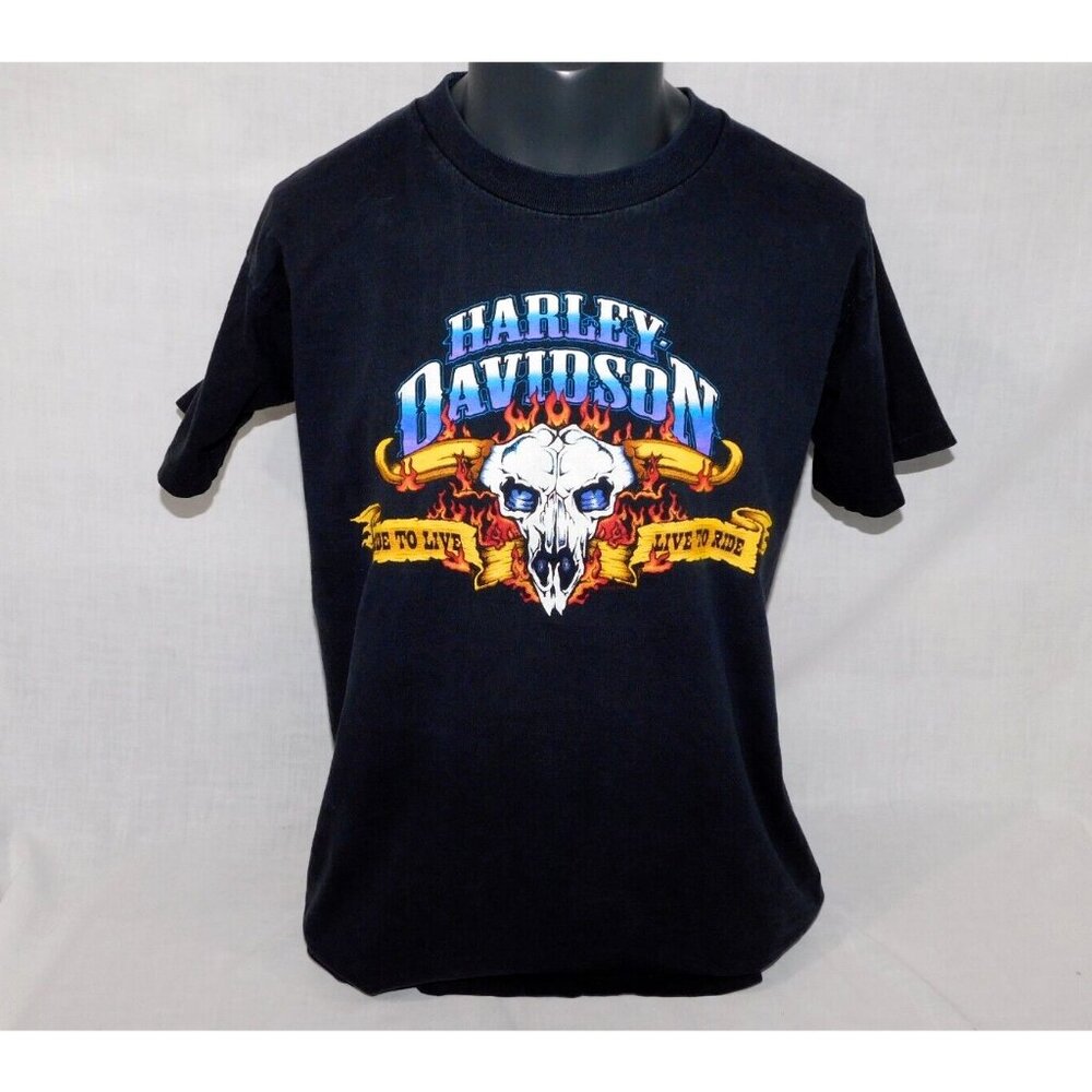 Harley-Davidson Black T-Shirt with Blue, Yellow and White Graphic